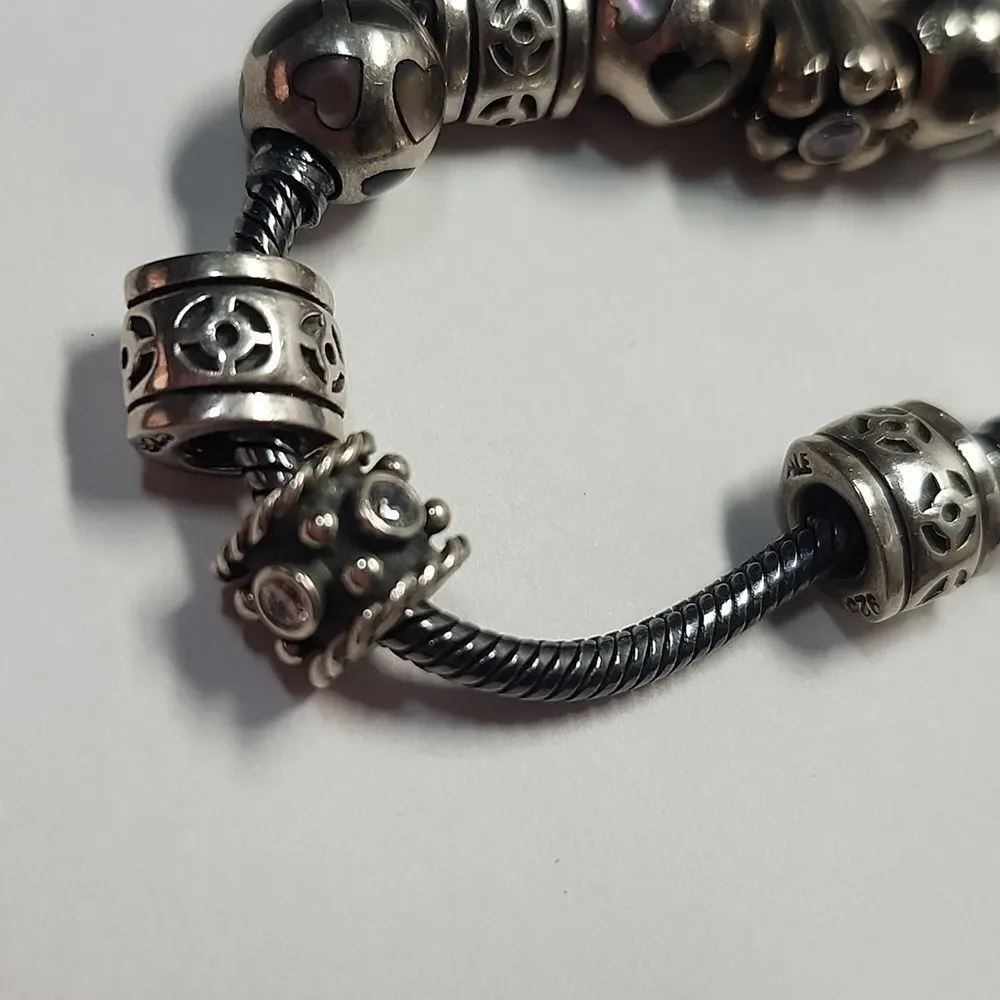 Pandora Sterling Silver Bead Charm Bracelet with Pearl Drop 9 Charms 925 ALE